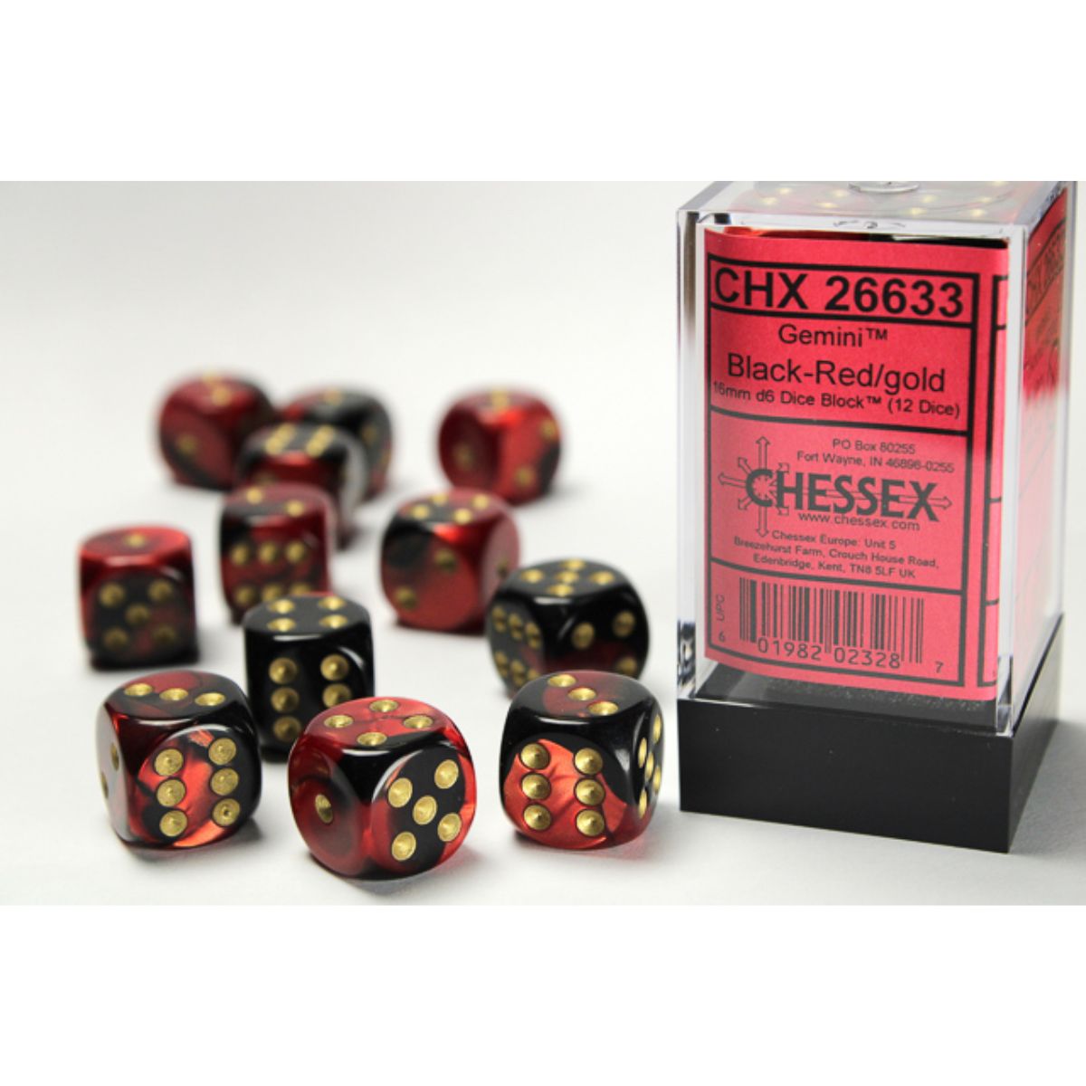 Chessex  16mm D6-Würfel-Set (12) Gemini / Schwarz-Rot/Gold