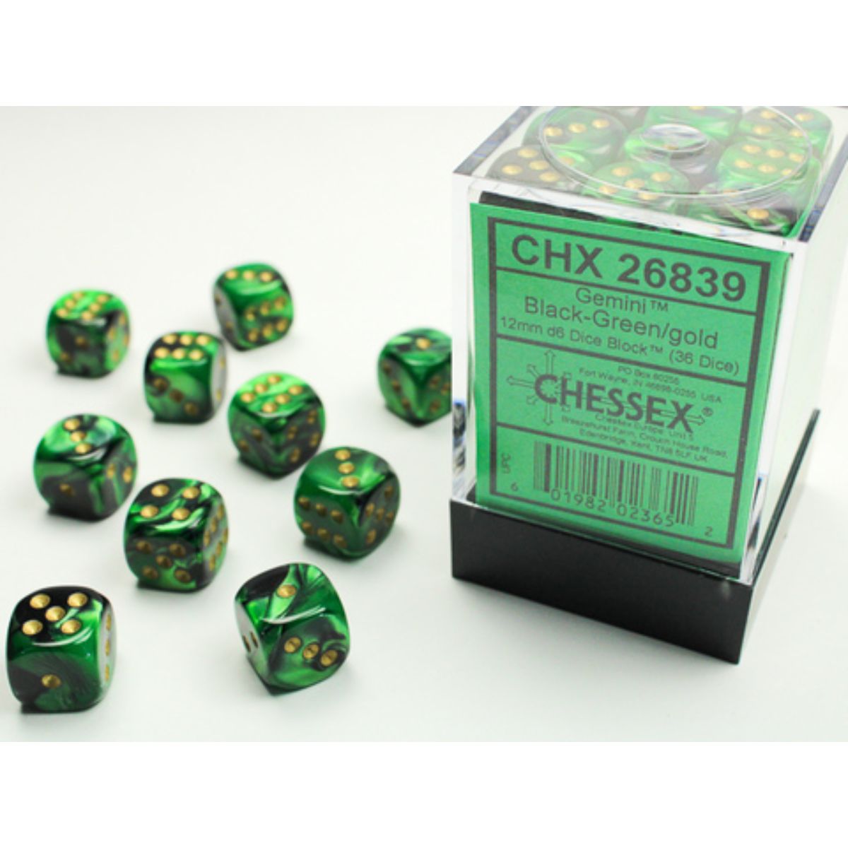 Gemini® 12mm d6 Black-Green/Gold Dice Block™ (36 Dice)