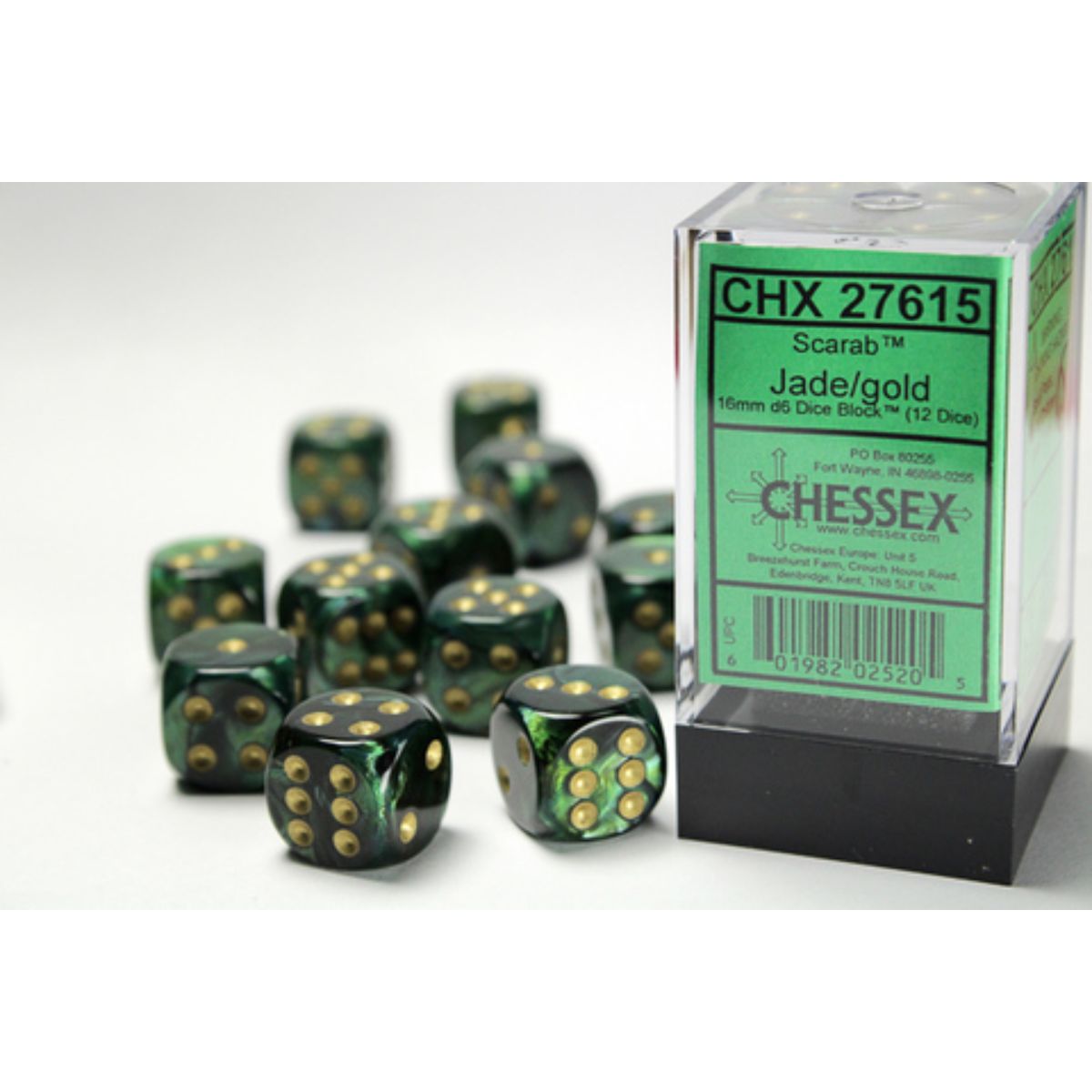 Scarab® 16mm d6 Jade/Gold Dice Block™ (12 Dice)