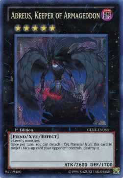 Adreus, Keeper of Armageddon (V.1) GENF-EN086 Secret Rare Light Played Englisch 1. Auflage