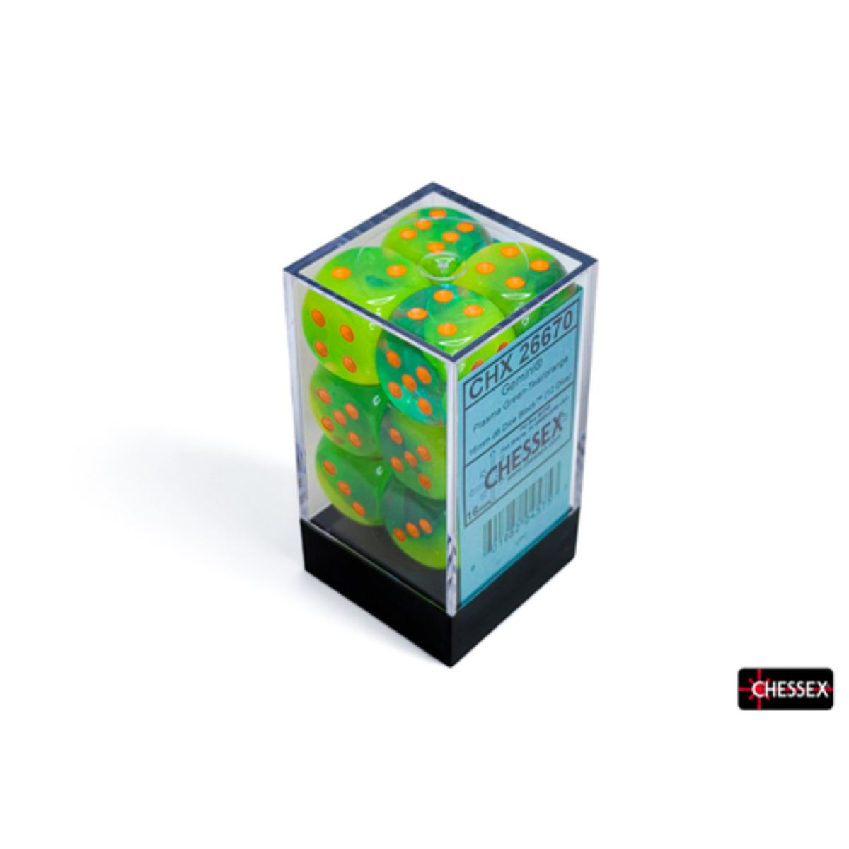 Gemini® 16mm d6 Plasma Green-Teal/Orange Luminary™ Dice Block (12 Dice)